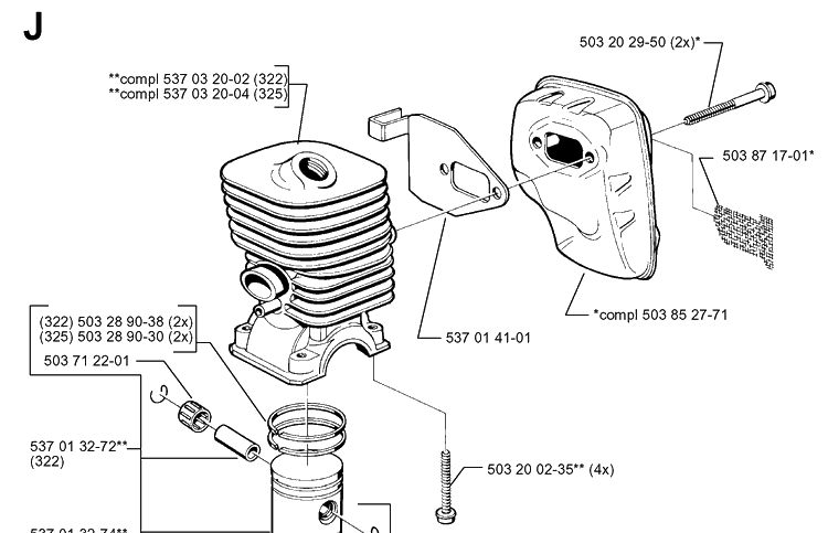 Cylinder Piston Diagram and Parts List for 322E 19994000001-20010100000 Husqvarna Edger