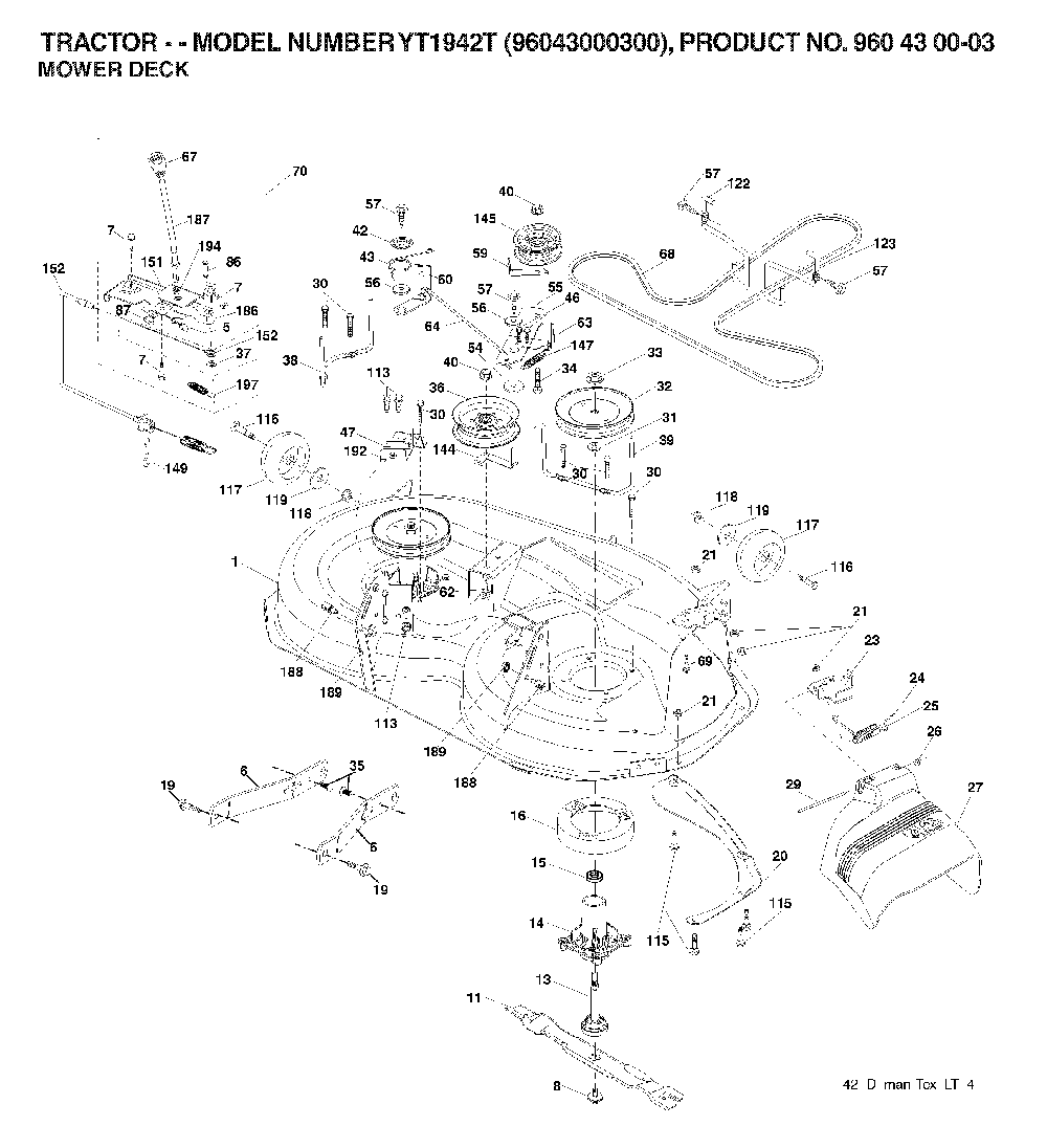 42inch Cutting Deck Diagram and Parts List for YT1942T (96043000300, 960430003)(2006-05) Husqvarna Lawn Tractor