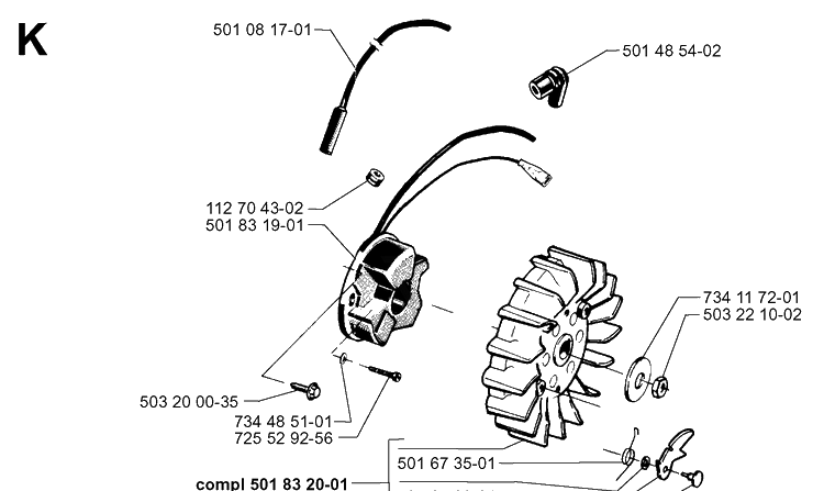 Ignition System Diagram and Parts List for 265RX 19954500001-19991000000 Husqvarna Brush Cutter