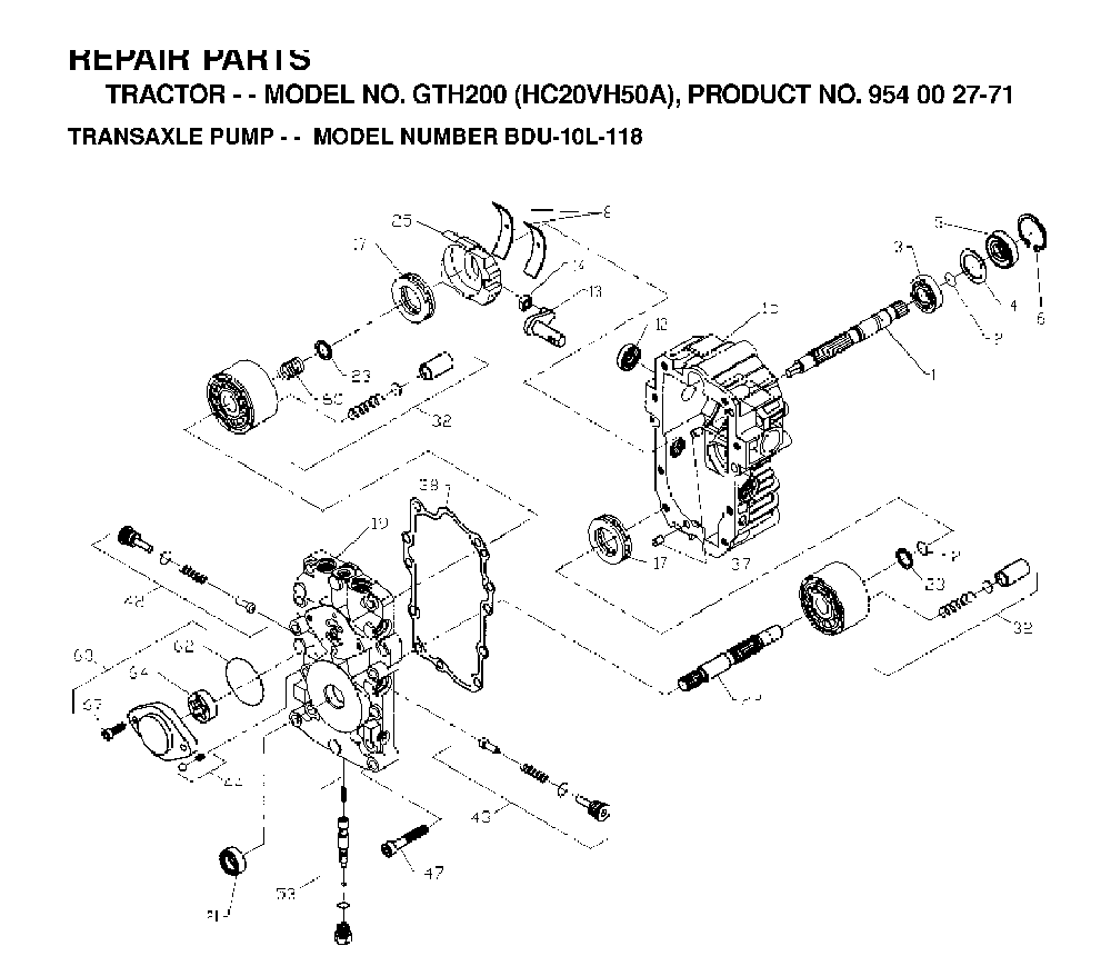 Hydraulic Pump - Motor Diagram and Parts List for GTH200 (HC20VH50A, 954002771)(1996-04) Husqvarna Lawn Tractor