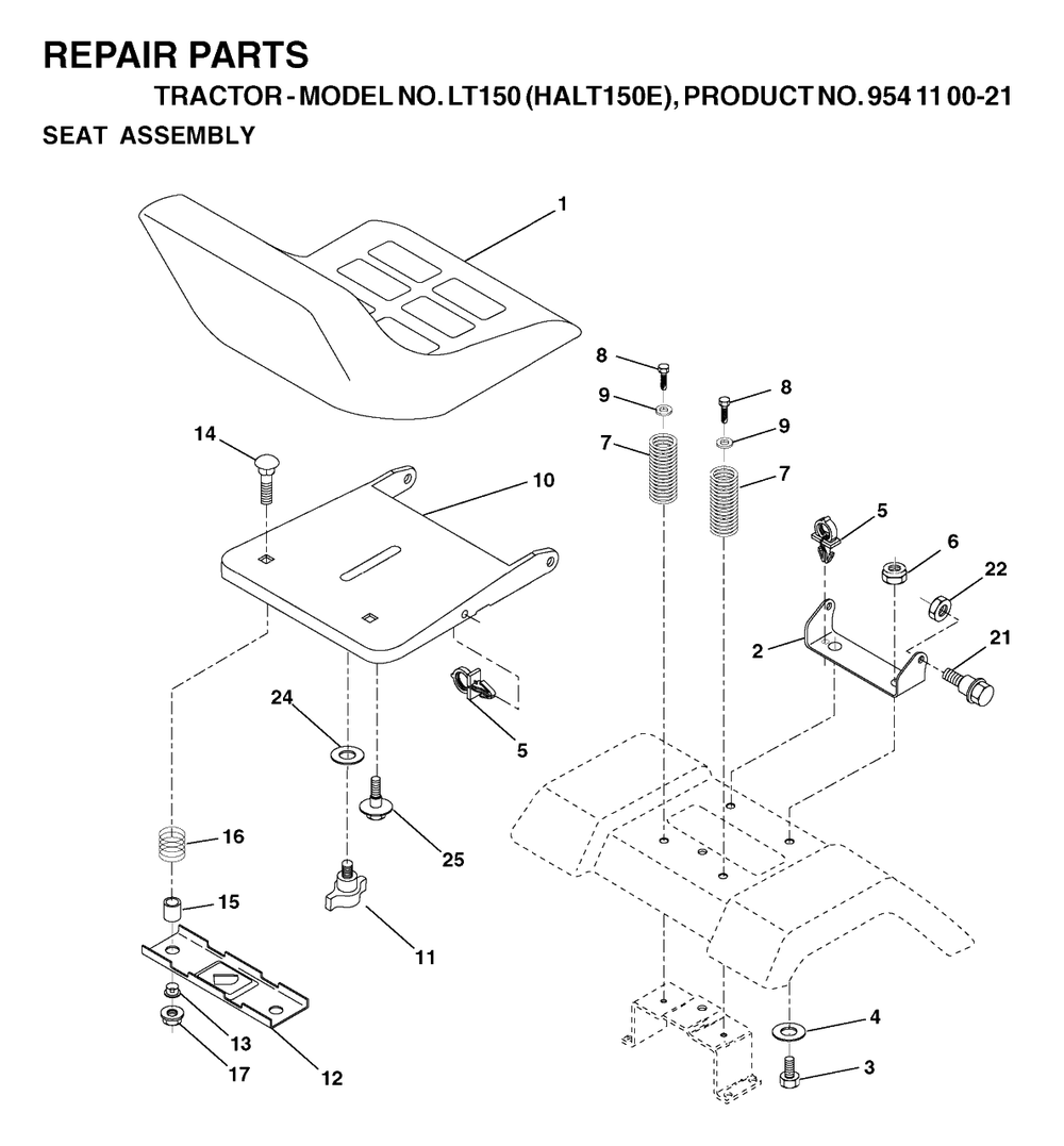 Seat Diagram and Parts List for LT150 (954110021-E)(2003-01) Husqvarna Lawn Tractor