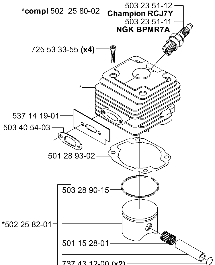 Piston / Cylinder Diagram and Parts List for 265RX 2001-07 Husqvarna Brush Cutter