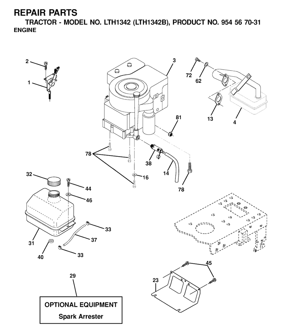 Engine Diagram and Parts List for LTH1342 (954567031-B)(2000-12) Husqvarna Lawn Tractor