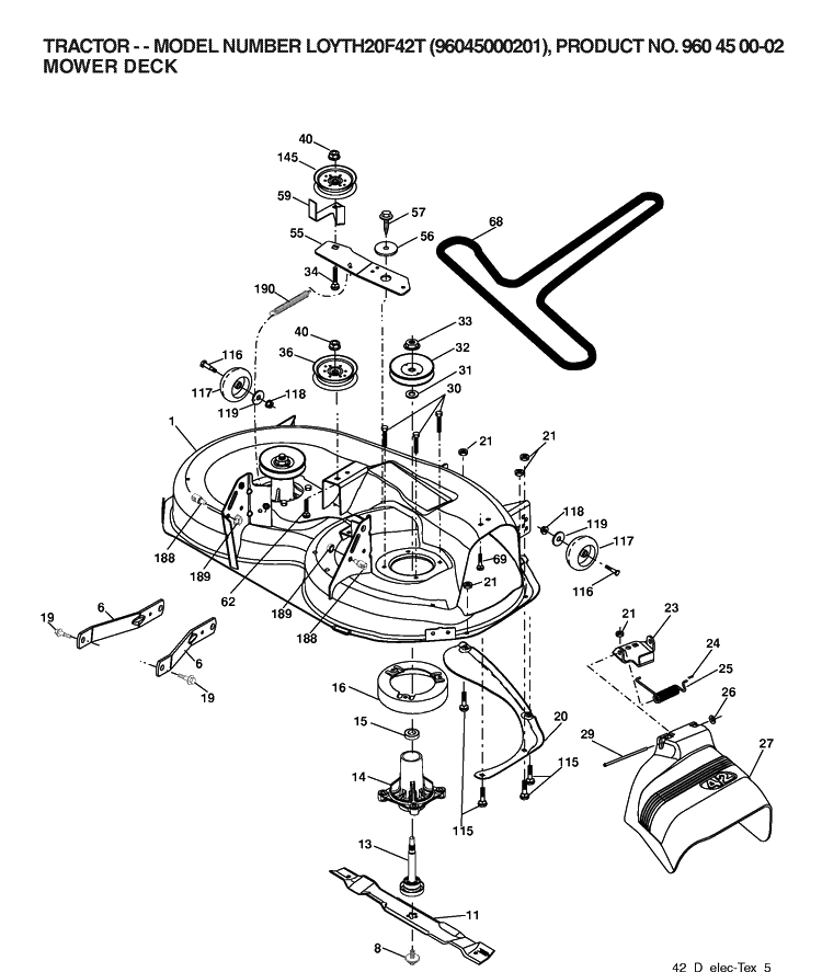 Mower Deck / Cutting Deck Diagram and Parts List for LOYTH20F42T (96045000201)(2006) Husqvarna Lawn Tractor
