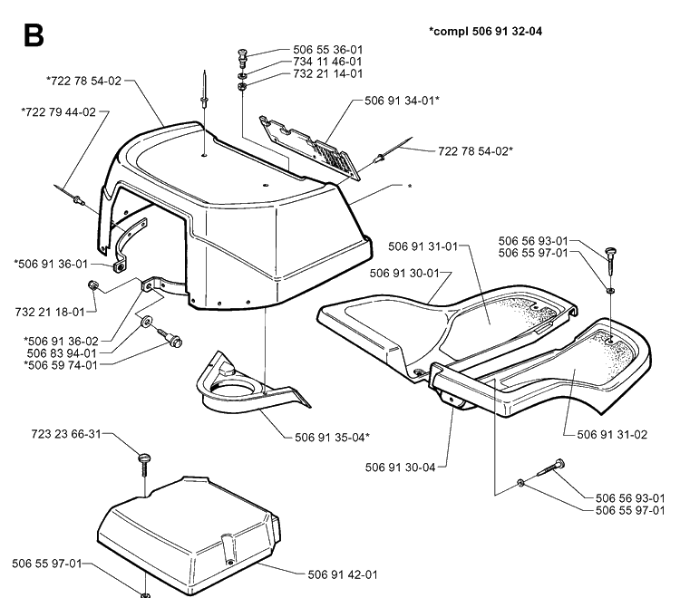 Hood Diagram and Parts List for RIDER970 1997-03 Husqvarna Lawn Mower