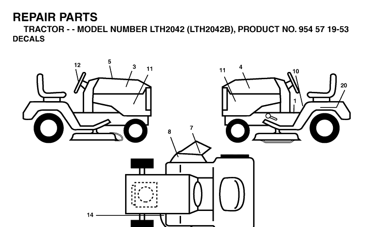 Decals Diagram and Parts List for LTH2042-LTH2042B 2004-01 Husqvarna Lawn Tractor