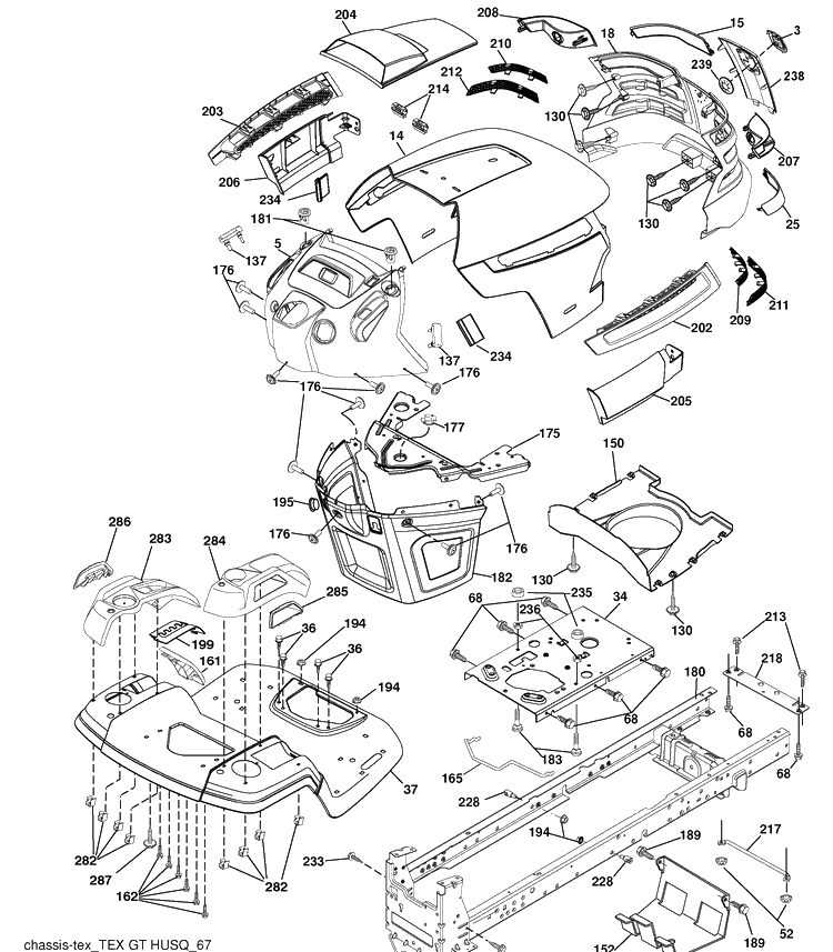 Chassis Diagram and Parts List for YTH2348 (960450022001)(2010-04) Husqvarna Lawn Mower