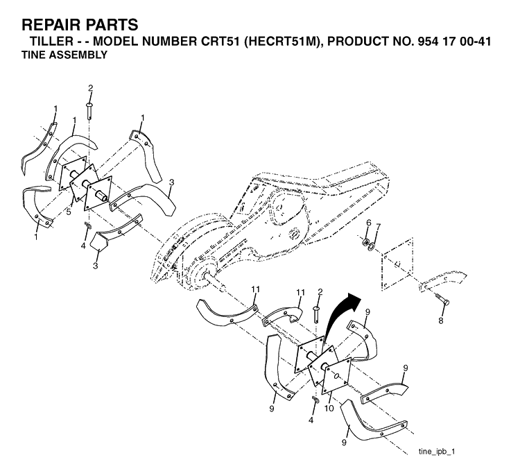 Tine Assembly Diagram and Parts List for CRT51 (HECRT51M)(2003-09) Husqvarna Cultivator