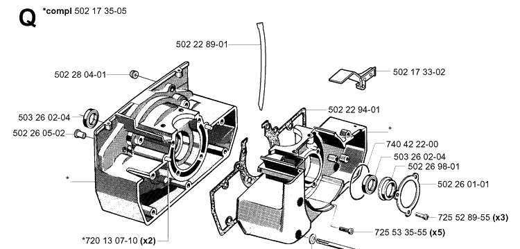 Crankcase Diagram and Parts List for 250R  Husqvarna Brush Cutter