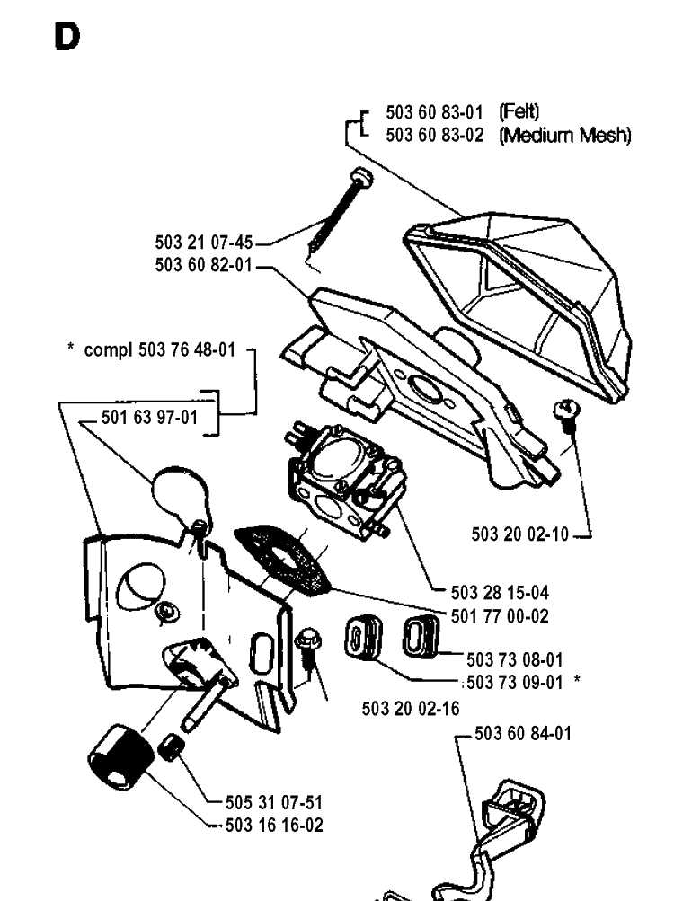 Carburetor And Air Filter Diagram and Parts List for 51 19942300001-19982300000 Husqvarna Chainsaw