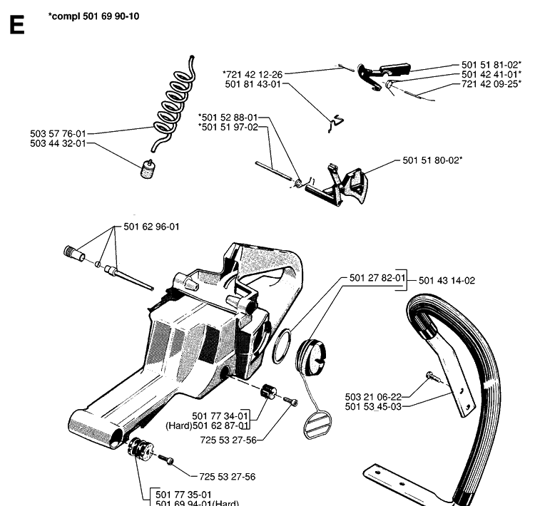 Fuel Tank And Handle Diagram and Parts List for 61 19970100001-19993100000 Husqvarna Chainsaw