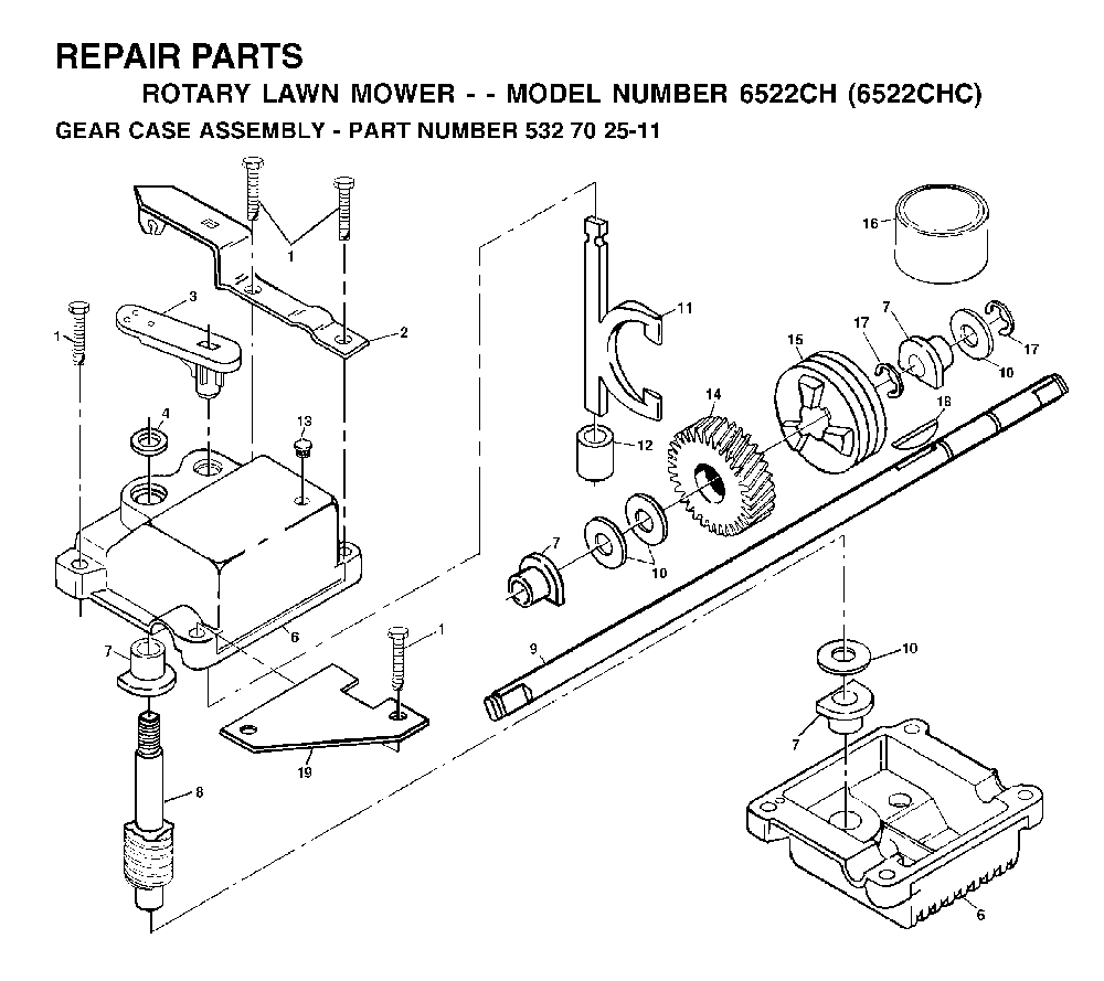Gear Case Diagram and Parts List for 6522CHC (954222725, 532702511)(2001-11) Husqvarna Lawn Mower