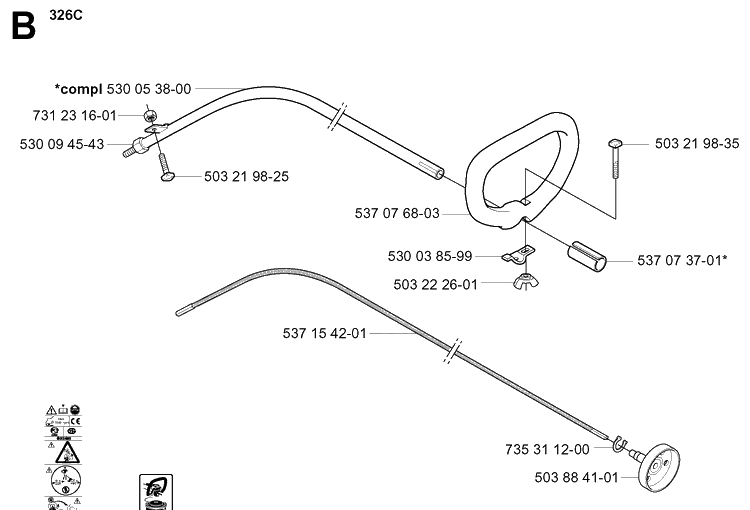Shaft And Handle Diagram and Parts List for 326LX 20061400001-20070100000 Husqvarna Edger