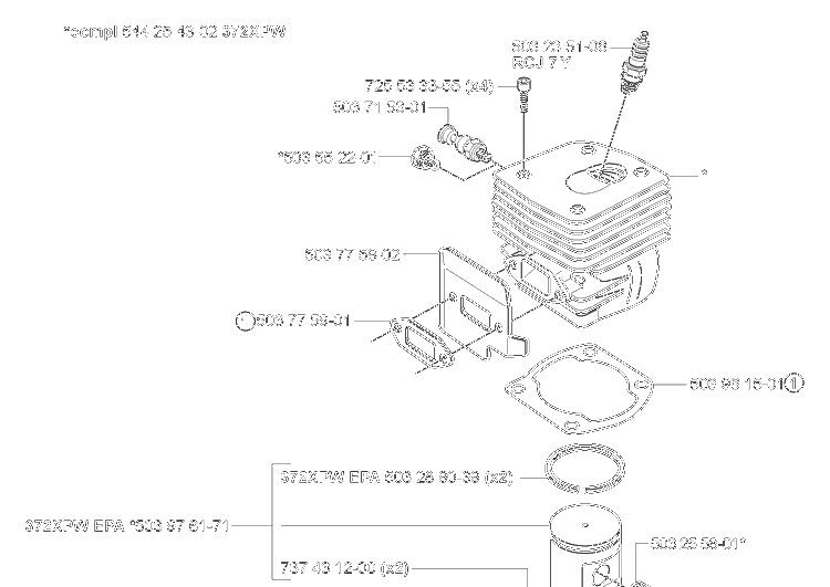Piston / Cylinder Diagram and Parts List for 372XPW 2007-01 Husqvarna Chainsaw