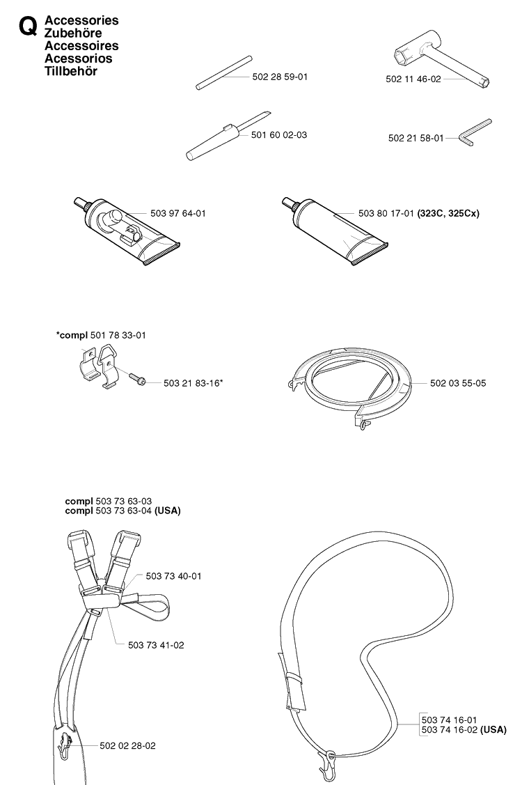 Accessories Diagram and Parts List for 325RDX 20020100001-20051800000 Husqvarna Brush Cutter