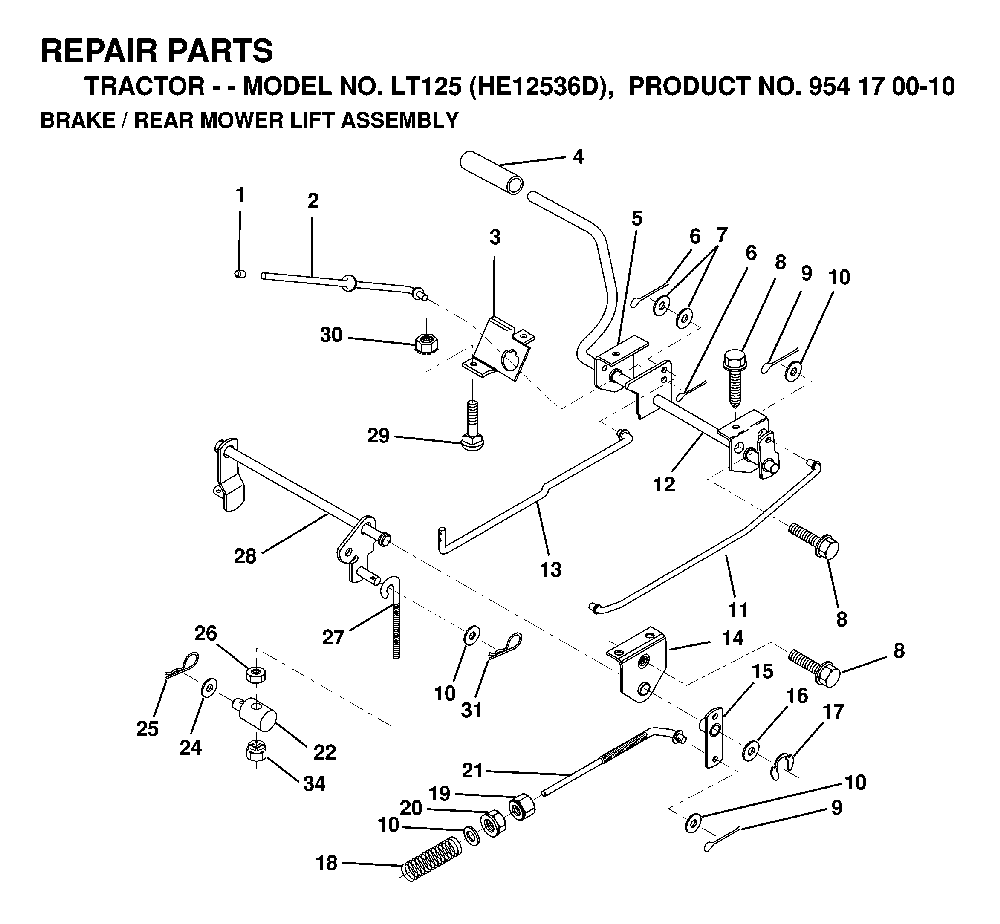 Brake / Rear Mower Lift Diagram and Parts List for LT125 (HE12536D, 954170010)(1998-12) Husqvarna Lawn Tractor