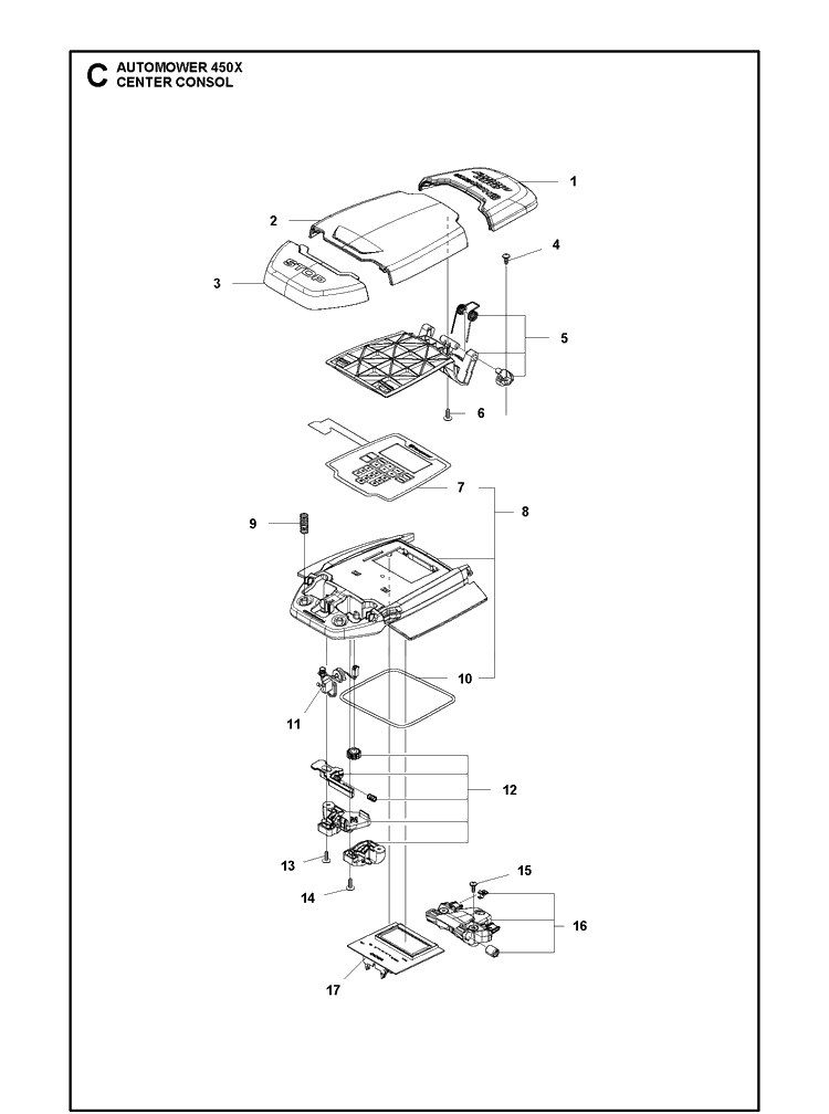 Center Consol Diagram and Parts List for 450X 2020 Husqvarna Lawn Mower
