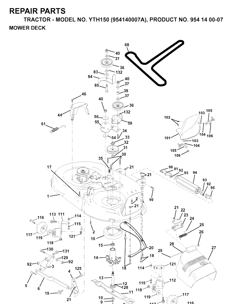 Mower Deck / Cutting Deck Diagram and Parts List for YTH150 (954140007A)(1997-01) Husqvarna Lawn Tractor