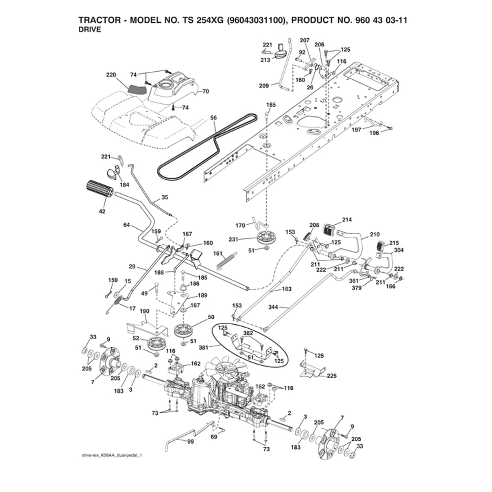 Drive Diagram and Parts List for 96043031100  Husqvarna Lawn Tractor