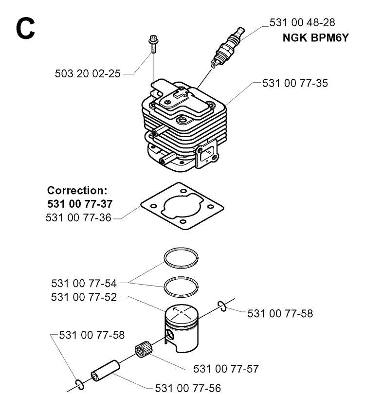 Cylinder Piston Diagram and Parts List for 142R 19994000001-20001900000 Husqvarna Brush Cutter