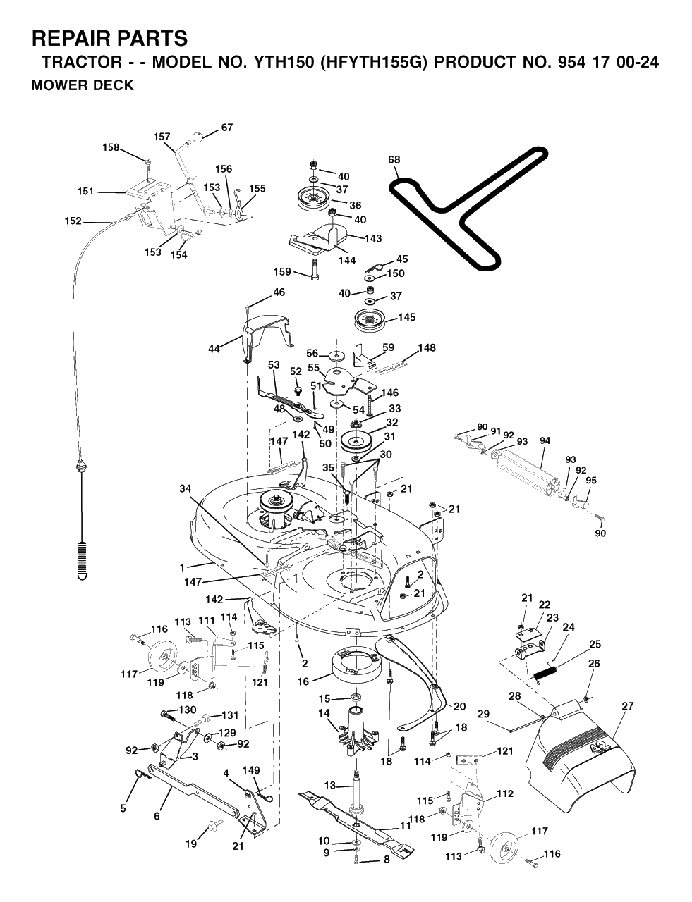 Mower Deck / Cutting Deck Diagram and Parts List for YTH150 (954170024-G)(2001-01) Husqvarna Lawn Tractor