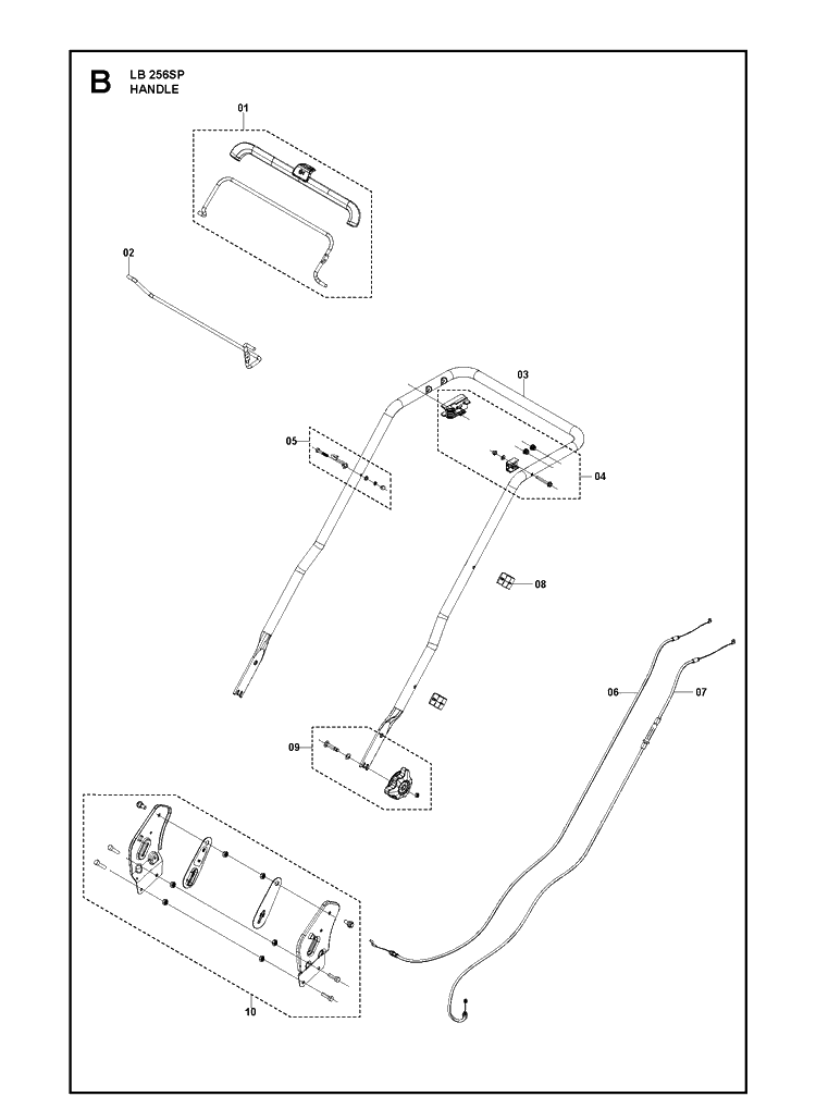 Handle Diagram and Parts List for LB256SP (970488501)(970488502) Husqvarna Lawn Mower