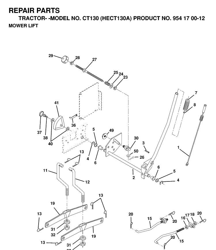 Mower Lift / Deck Lift Diagram and Parts List for CT130 (HECT130A)(1999-03) Husqvarna Lawn Tractor