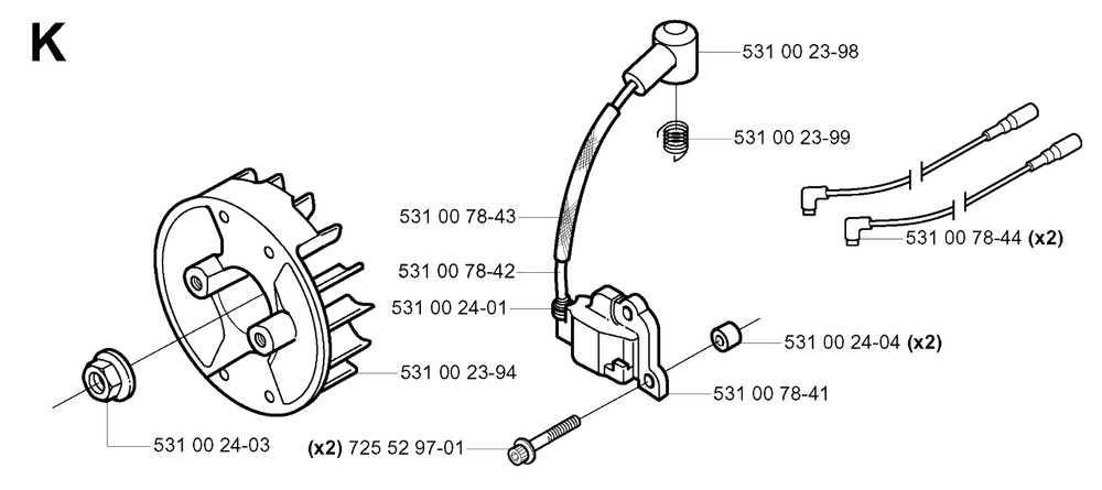 Ignition System Diagram and Parts List for 132R 20050100001 & Above Husqvarna Trimmer