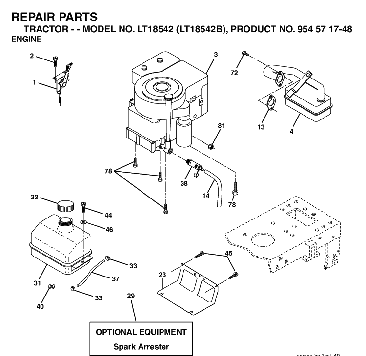 Engine Diagram and Parts List for LT18542-LT18542B 2004-02 Husqvarna Lawn Tractor