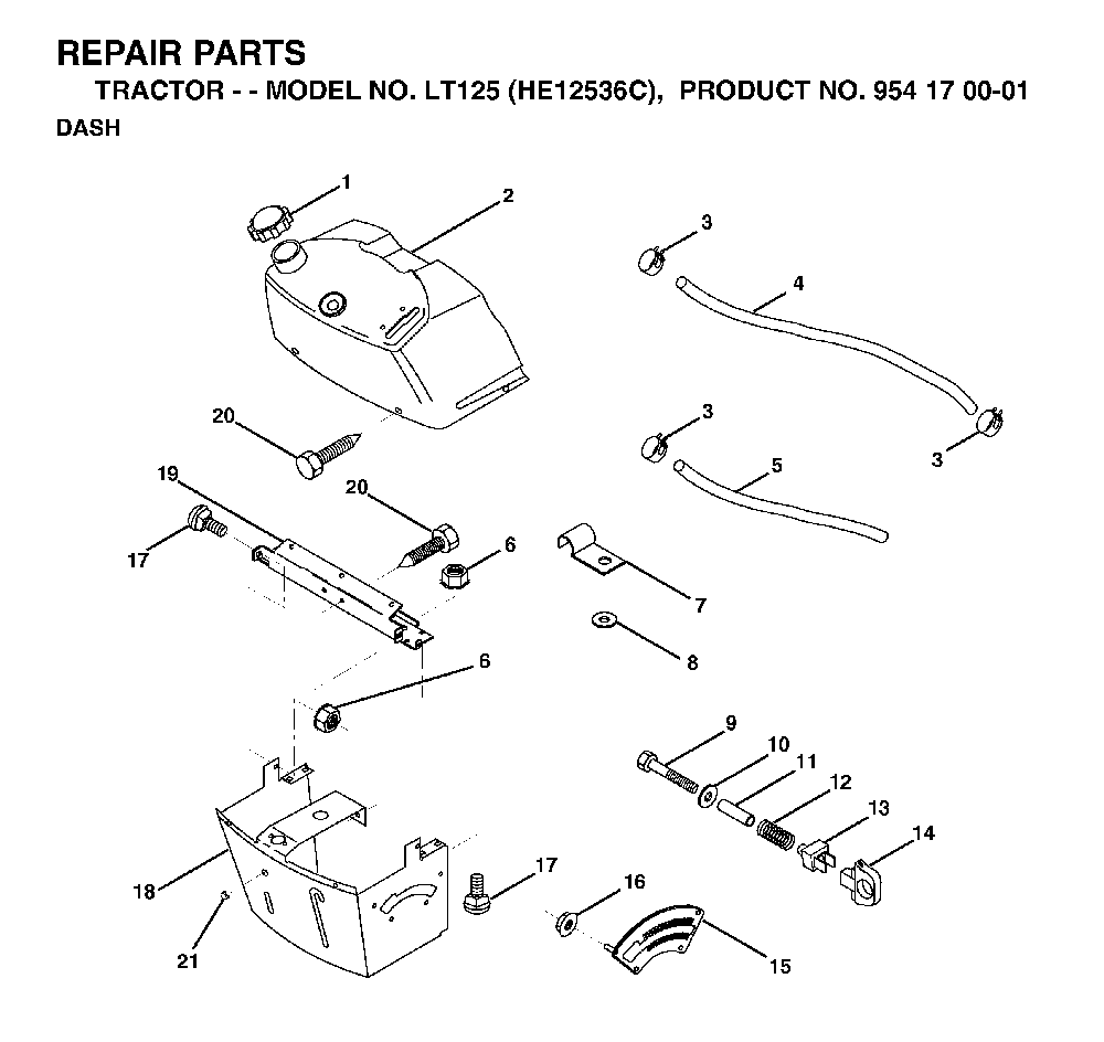 Dash Diagram and Parts List for LT125 (HE12536C, 954170001)(1998-03) Husqvarna Lawn Tractor
