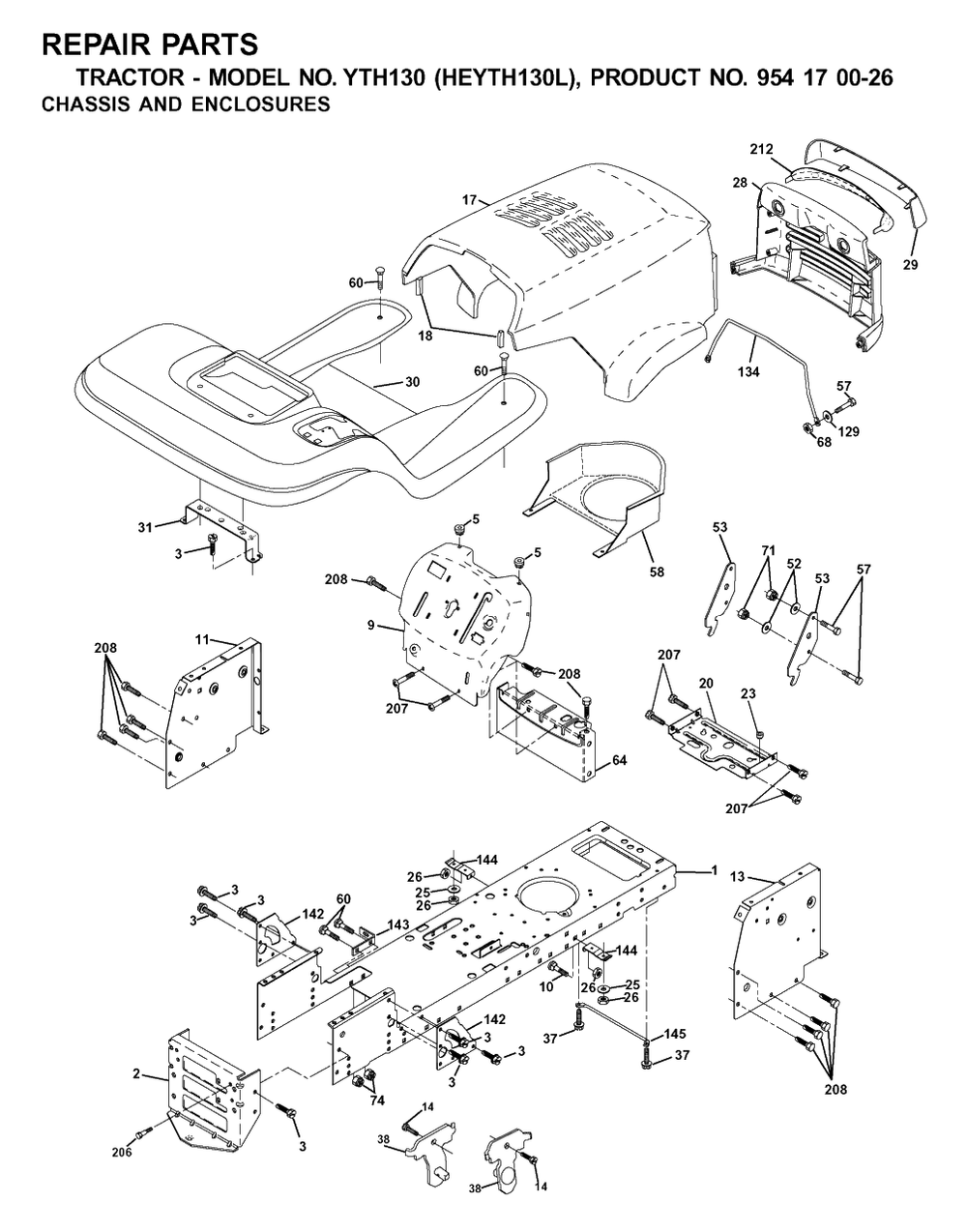 Chassis And Enclosures Diagram and Parts List for YTH130 (954170026-L)(2001-09) Husqvarna Lawn Tractor