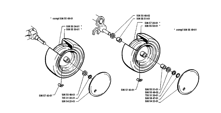 Rear And Front Wheel Assembly Diagram and Parts List for RIDER8508 1990-02 Husqvarna Lawn Mower
