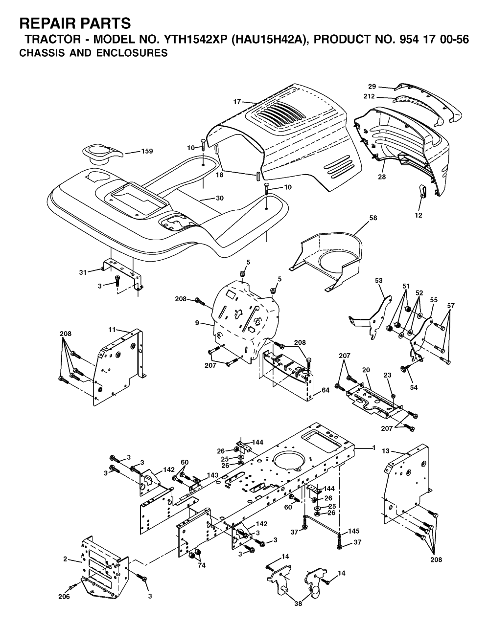 Chassis And Enclosures Diagram and Parts List for YTH1542XP (954170056-A)(2003-01) Husqvarna Lawn Tractor