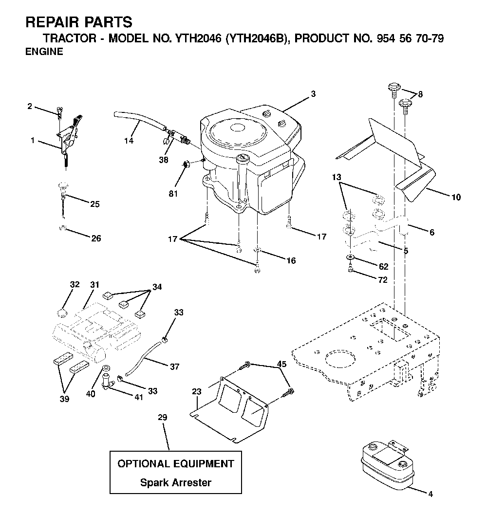 Engine Diagram and Parts List for YTH2046B (954567079)(2001-01) Husqvarna Lawn Tractor