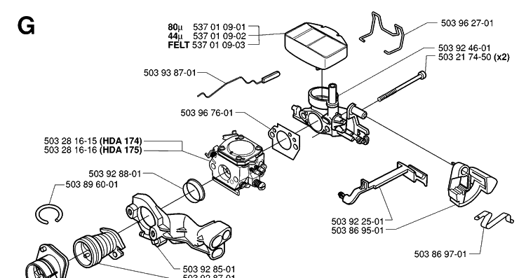 Carburetor And Air Filter Diagram and Parts List for 359 20010100001-20014000000 Husqvarna Chainsaw