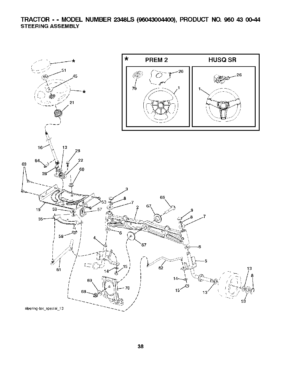 Steering Diagram and Parts List for 2348LS (96043004400)(2008-01) Husqvarna Lawn Tractor