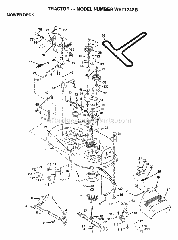 Mower Deck Diagram and Parts List for WET1742B 1997 Husqvarna Lawn Tractor