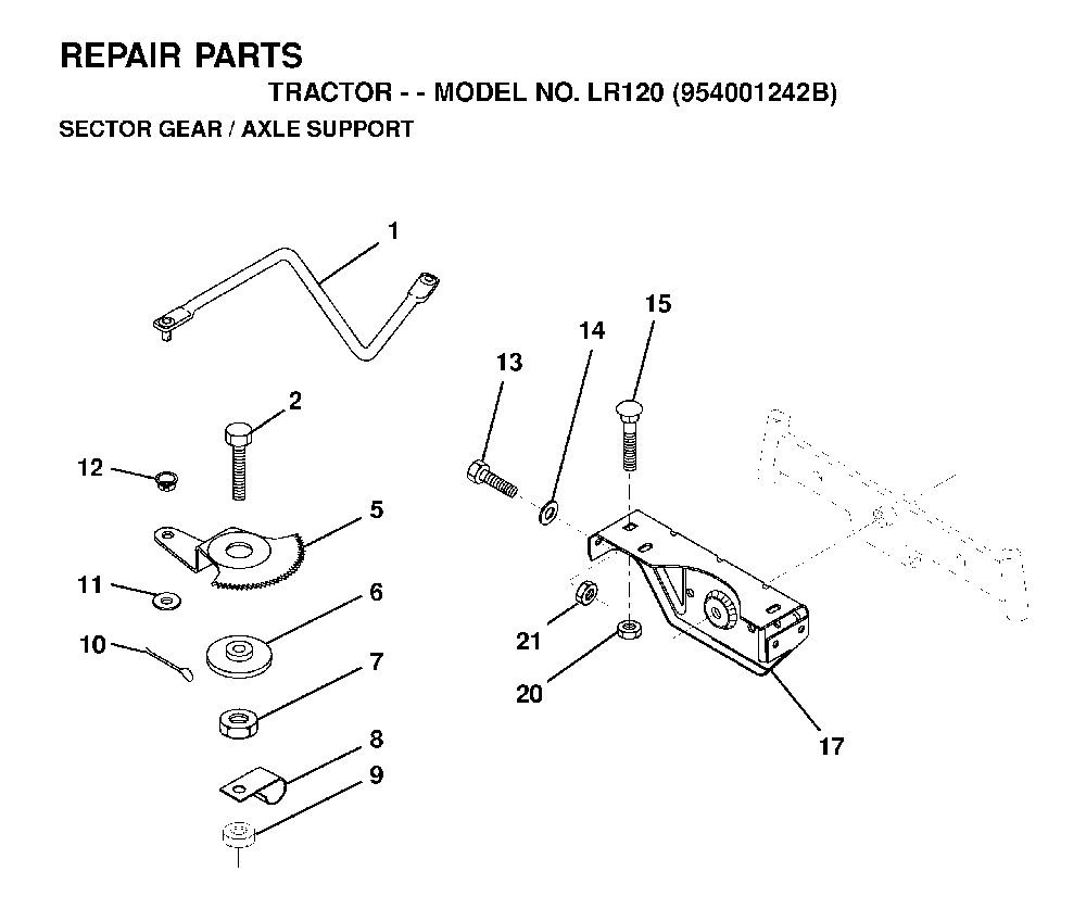 Sector Gear / Axle Support Diagram and Parts List for LR120 (954001242B)(1995-02) Husqvarna Lawn Tractor