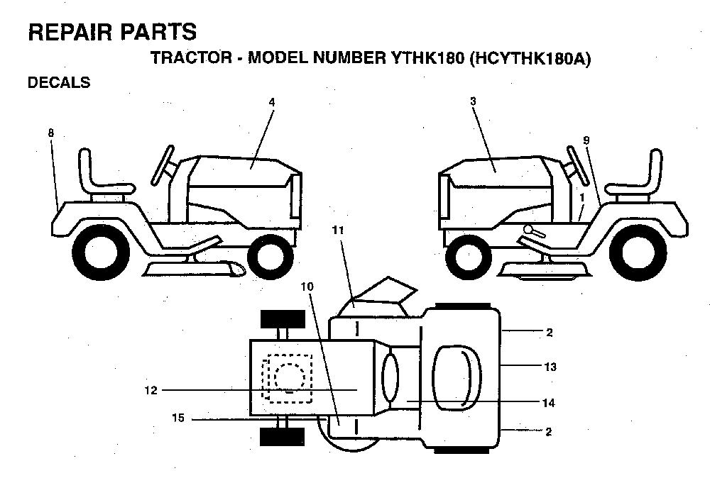 Decals Diagram and Parts List for YTHK180 (HCYTHK180A)(1996-01) Husqvarna Lawn Tractor