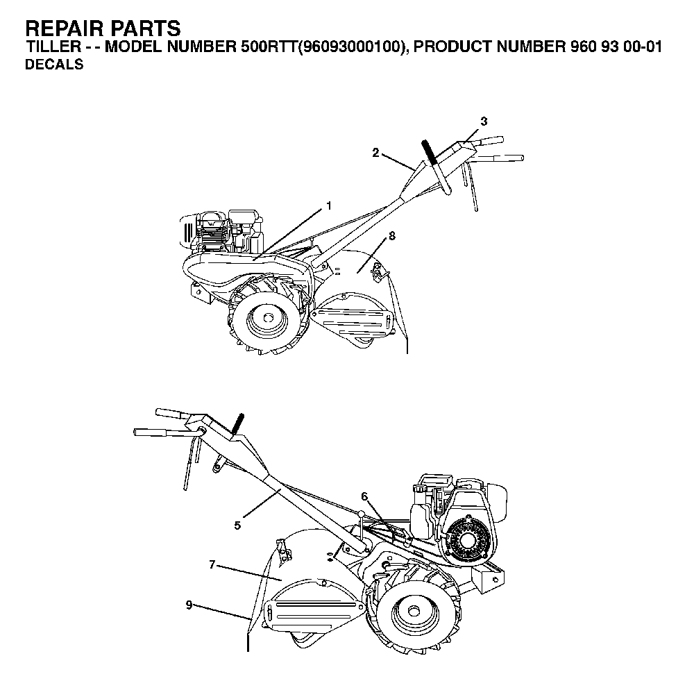Decals Diagram and Parts List for 500RTT (96093000100)(2004-11) Husqvarna Tiller