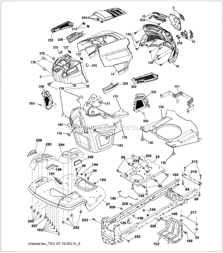 Chassis / Frame Diagram and Parts List for TS148XK  Husqvarna Lawn Tractor