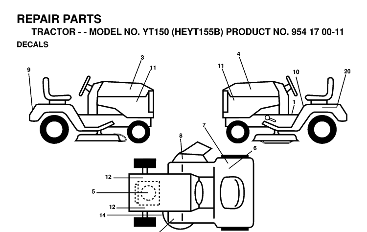 Decals Diagram and Parts List for YT150 (HEYT155B)(1998-12) Husqvarna Lawn Tractor
