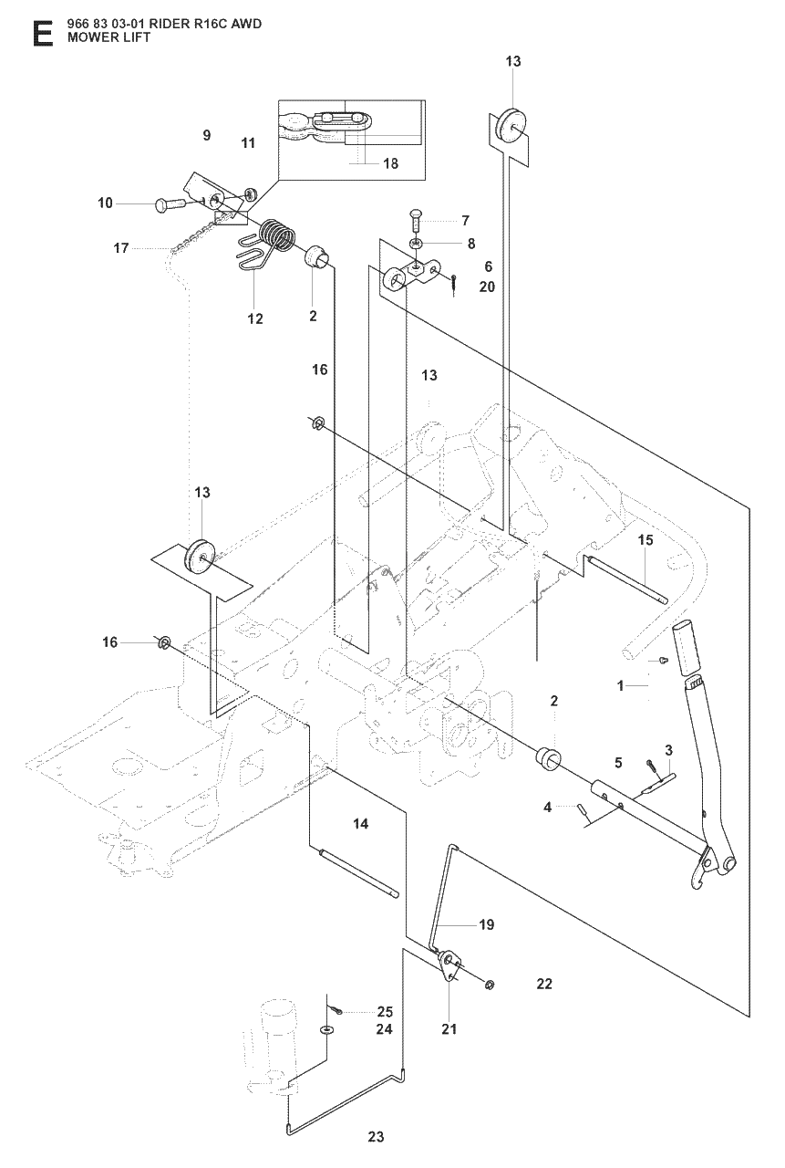 Mower Lift / Deck Lift Diagram and Parts List for R16CAWD (966830301)(2008-04) Husqvarna Lawn Tractor