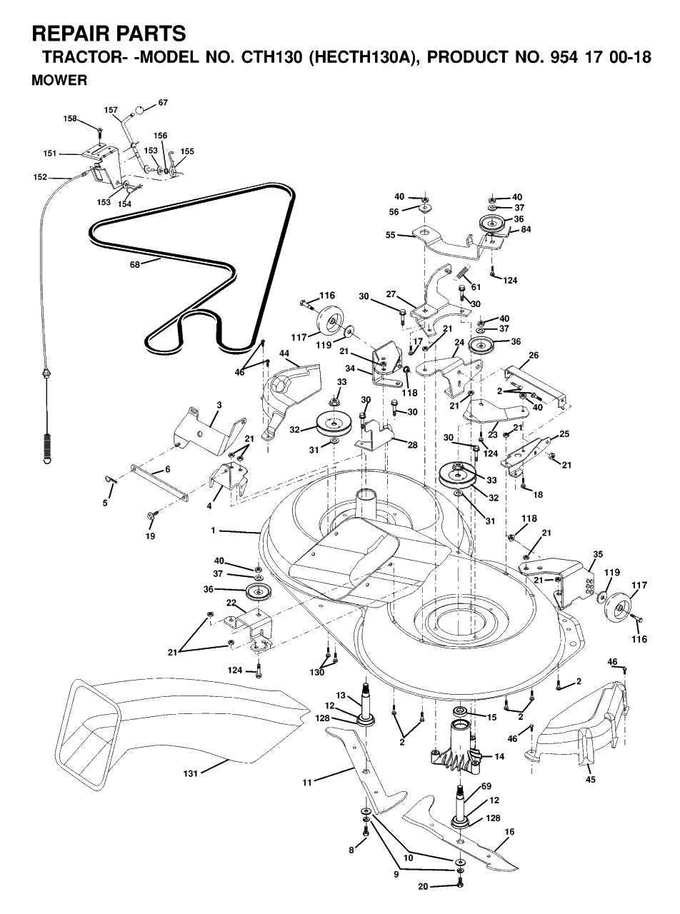 Mower Deck / Cutting Deck Diagram and Parts List for CTH130 (954170018-A)(2000-03) Husqvarna Lawn Tractor