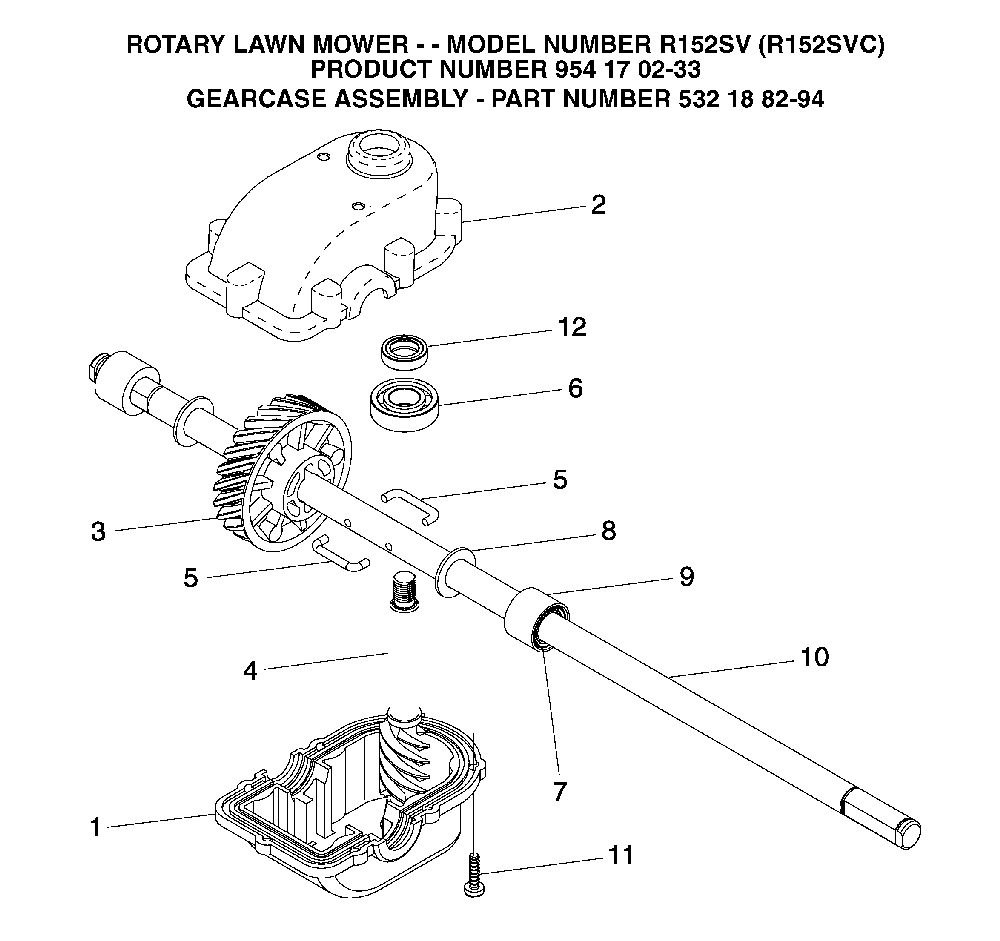 Gear Case Diagram and Parts List for R152SV (R152SVC, 954170233)(2004-10) Husqvarna Lawn Mower