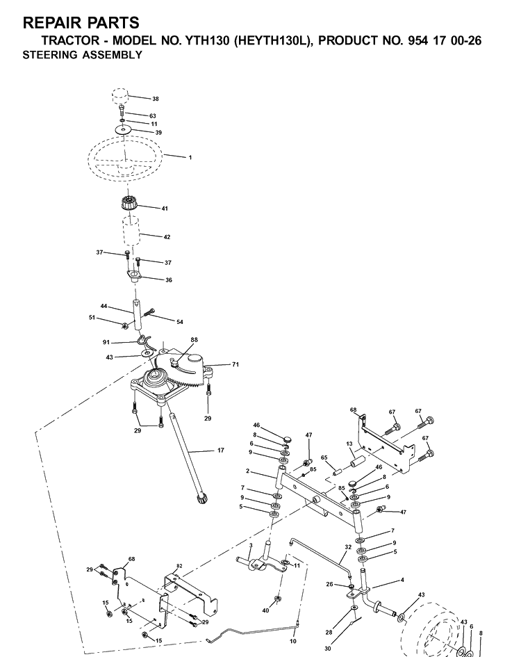 Steering Diagram and Parts List for YTH130 (HEYTH130L)(2001-09) Husqvarna Lawn Tractor