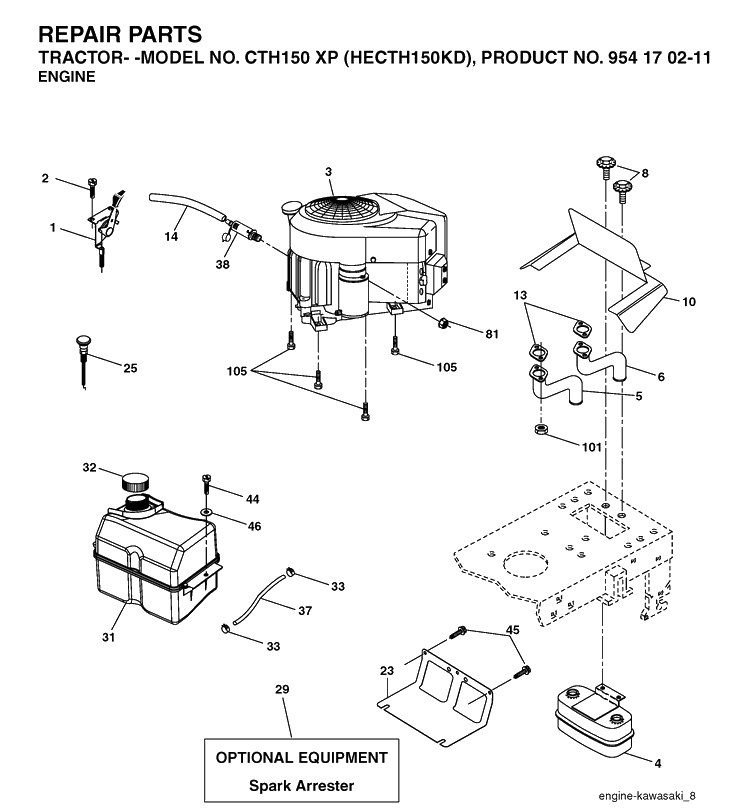 Engine Diagram and Parts List for CTH150XP (HECTH150KD)(2004-06) Husqvarna Lawn Tractor