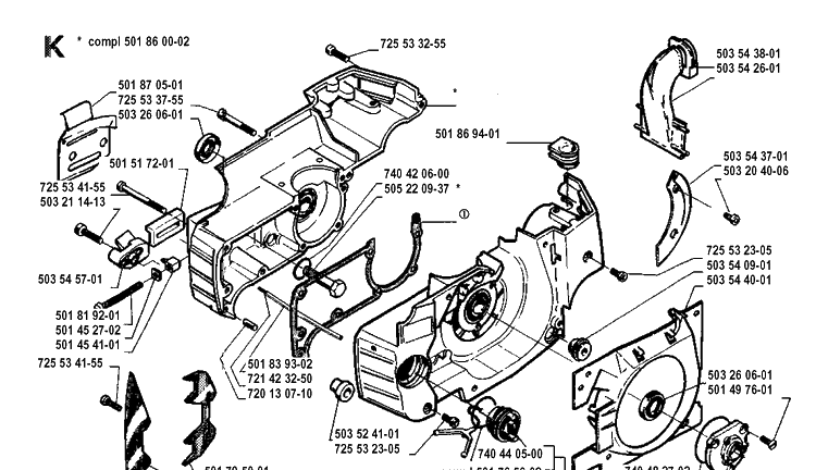 Crankcase Diagram and Parts List for 262XP 19910900001-19924400000 Husqvarna Chainsaw