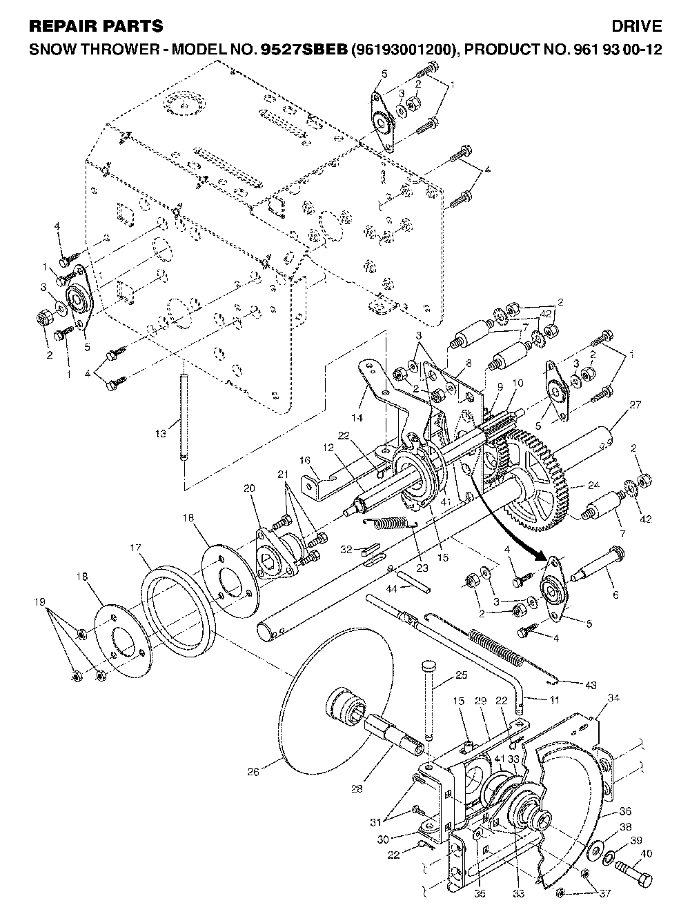 Drive Diagram and Parts List for 9527SBEB (96193001200, 961930012)(2005-12) Husqvarna Snow Blower