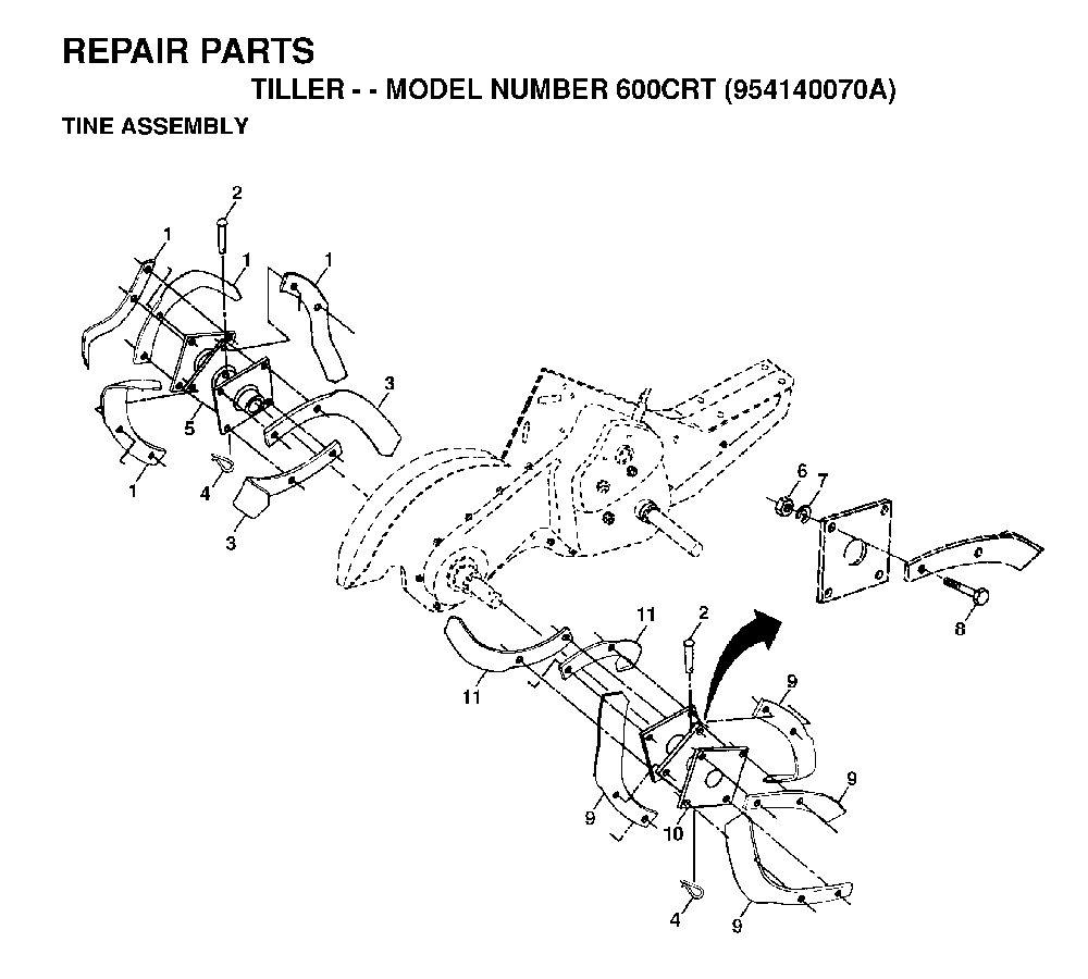 Tine Assembly Diagram and Parts List for 600CRT (954140070A)(1999-04) Husqvarna Tiller
